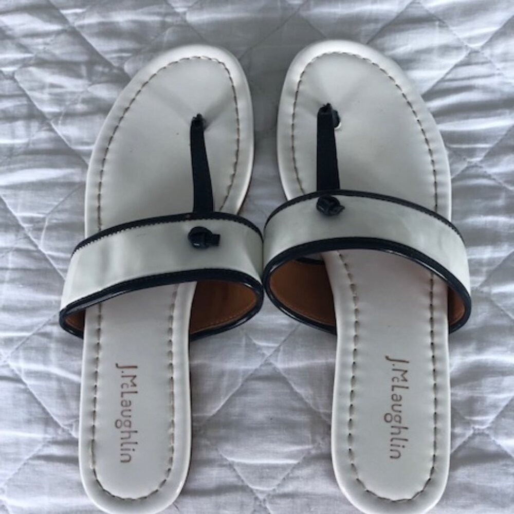 J. McLaughlin White and Black Toe-Post Slide Sandals